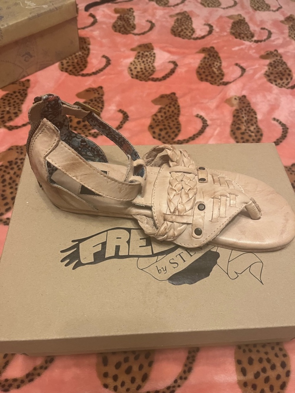 freebird Beige Braided Leather Ankle-Strap Sandals